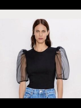Zara Sheer Puff Sleeve Black Top - Women. XXL